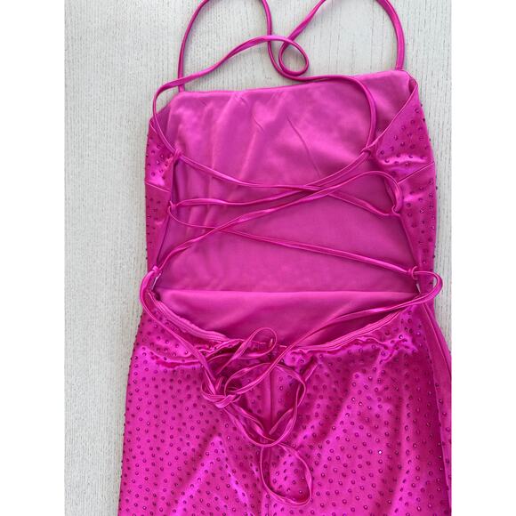 Lulus Radiant Stunner Hot Pink Satin Rhinestone Lace Up Maxi Prom Dress - Picture 3 of 6